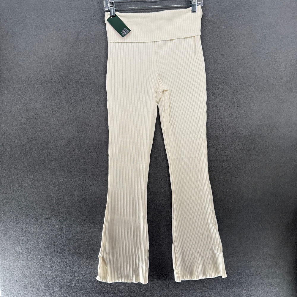 Wild Fable Flared Pants Women Off-White Ribbed Knit Fold-Over Waist Size S NEW